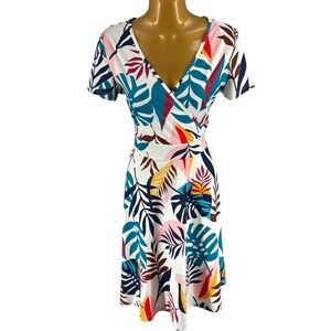 MSBASIC Women's M Tropical Leaf Print Wrap V Neck Short Sleeve Midi Dress